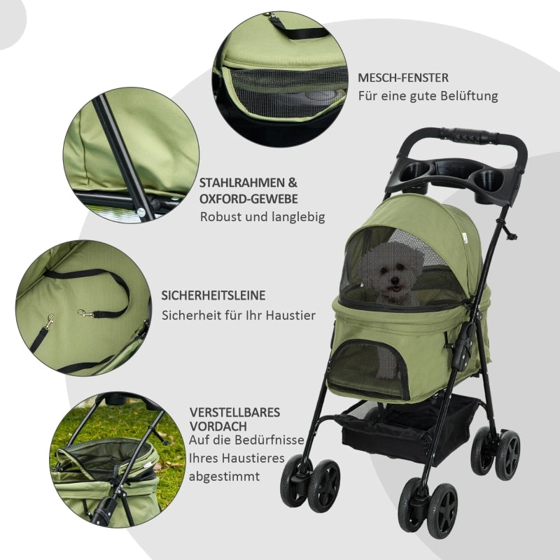 Passeggino/carrozzina per cani, pieghevole, con 2 guinzagli di sicurezza e 2 portabicchieri, 67 x 45 x 96 cm, verde