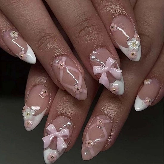 Nagelli applicabili a se stessi 24 pezzi - Forma d'aragosta francese - Strass/3D fiore - Adesivo - Laccatura per unghie - Manicure a casa per donne - Falsi unghie