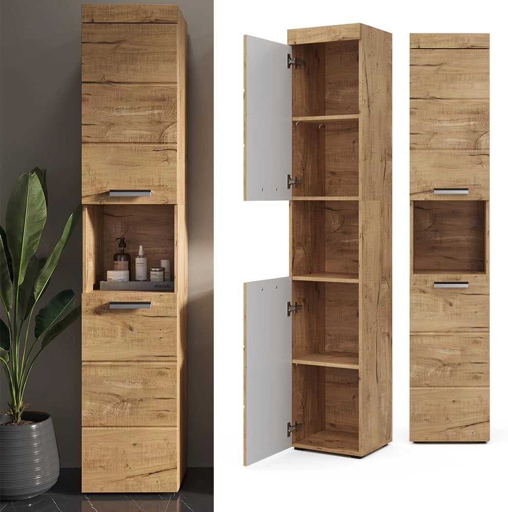 Mobile bagno alto Luna, Quercia Wotan, 37 x 190 cm, per montaggio a parete, combinabile con altri mobili Luna