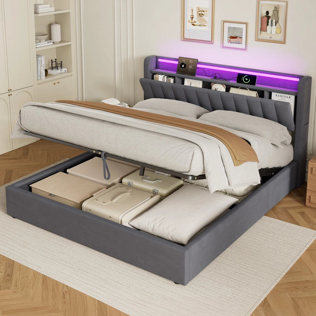 Letto Imbottito 140x200 cm Grigio Scuro in Velluto con Contenitore, USB e Luce d’Atmosfera