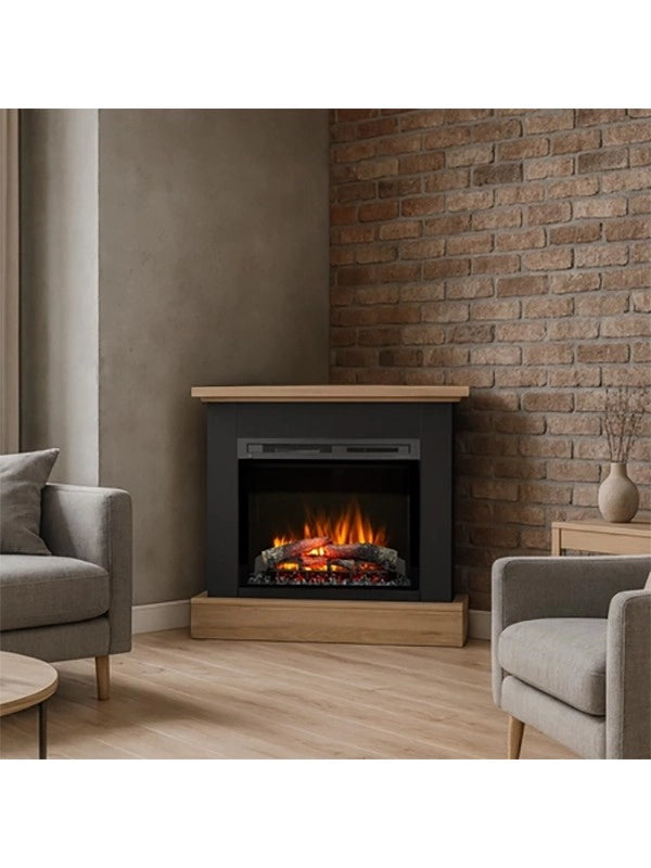 Caminetto Elettrico Angolare da pavimento A Libera Installazione 28' Nero-Rovere chiaro - YUKON