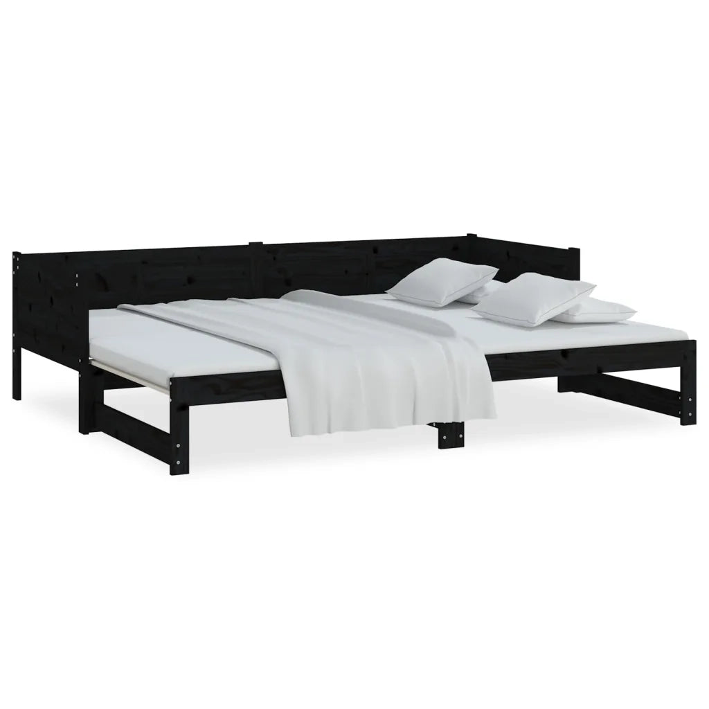 Letto singolo | Letto per adulti | Dormeuse Estraibile Nera in Legno Massello di Pino 2x(90x200)cm