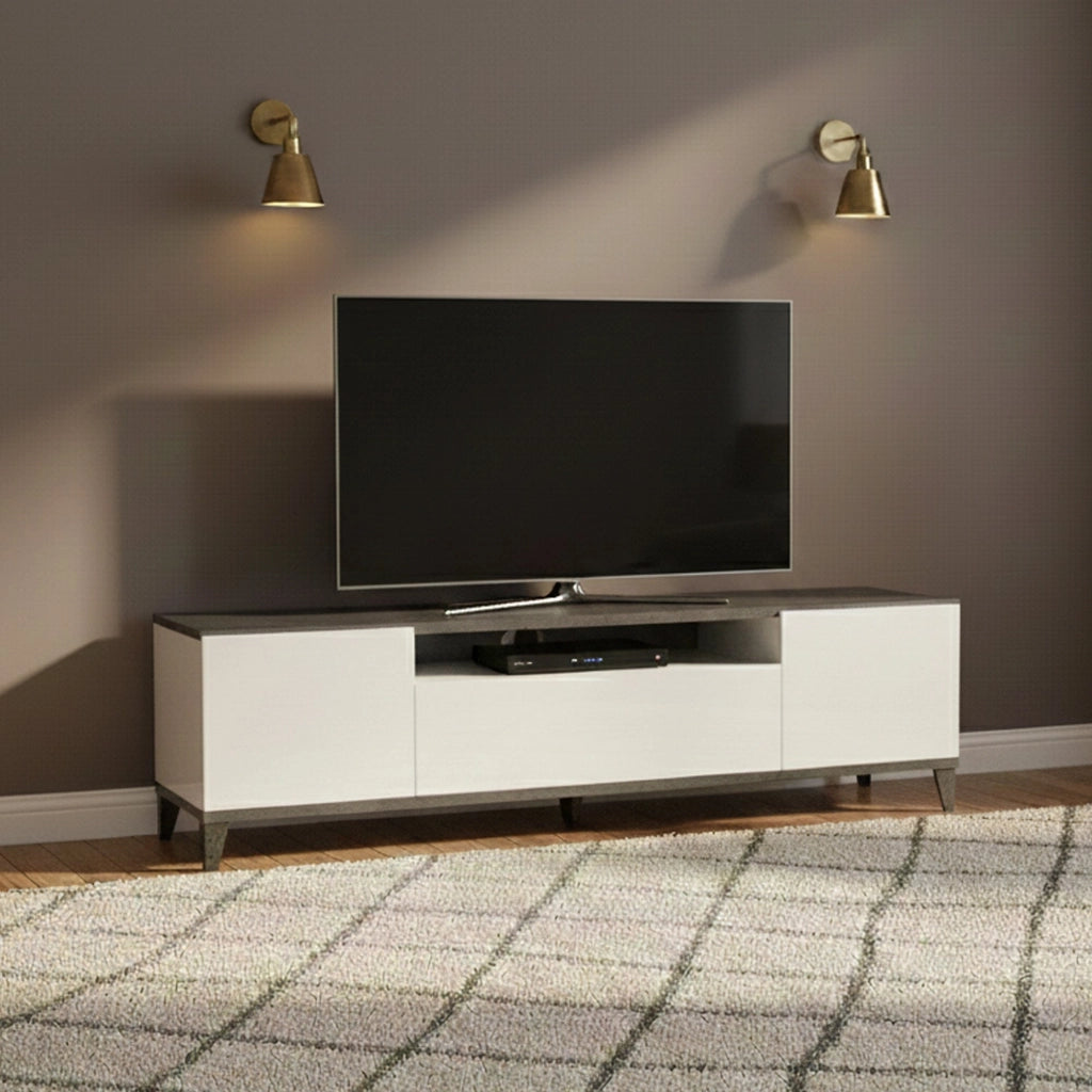 Mobile da soggiorno Porta Argentoro, Made in Italy, Supporto per Argentoro da salotto a 2 ante e 1 cassetto, Cm 160x40h47, Bianco lucido e Ardesia