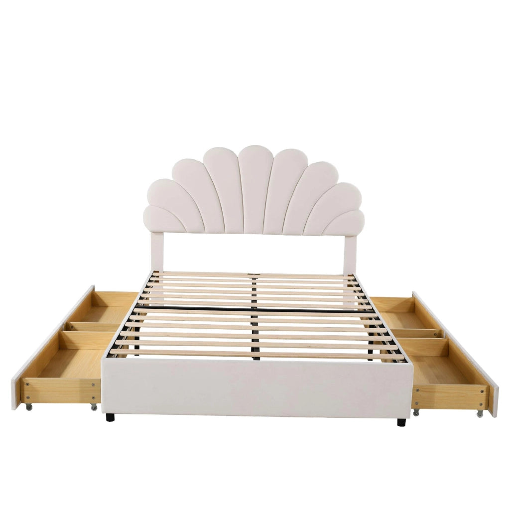DESMIU Letto matrimoniale 140 × 200 cm 2 posti con 4 cassetti e testiera floreale, senza materasso, beige