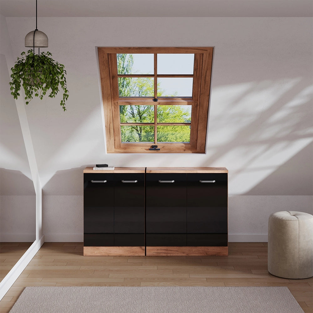 Set di mobili sottotetto Rion Nero lucido/Rovere dorato 140 cm Set di 2 carcasse armadio profondità 60 cm Vicco