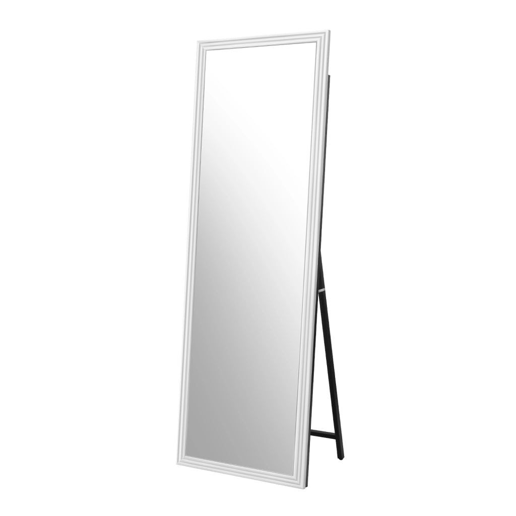 Specchio da terra rettangolare 160x50 cm con cornice in legno bianco e base in metallo inclinabile