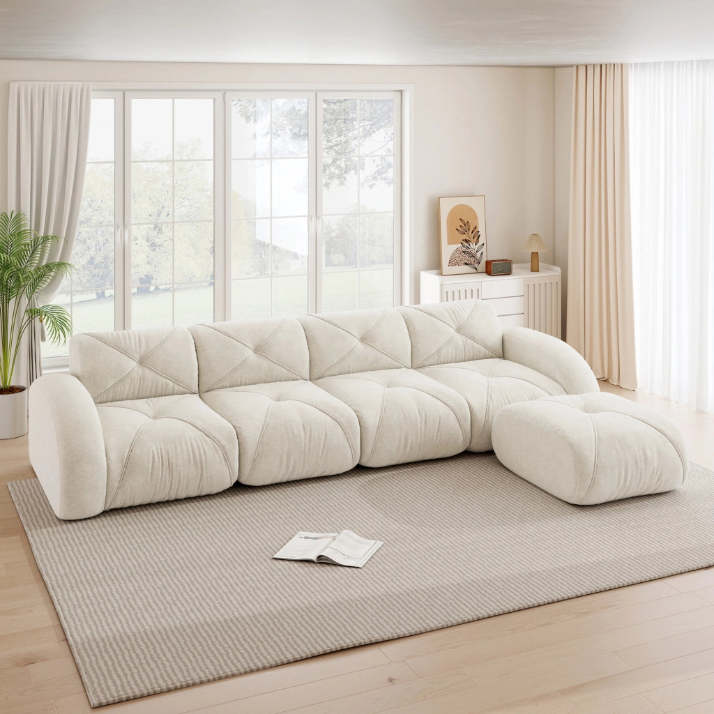 Divano modulare angolare 358x171x76 cm in chenille beige chiaro; design senza struttura