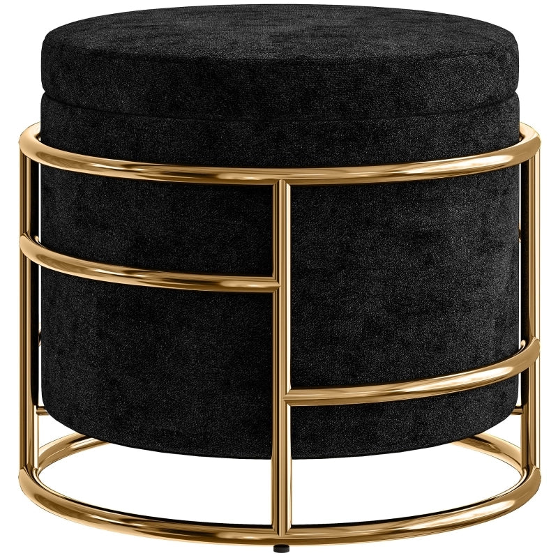 POUF Contenitore Ø42x39 cm Velluto Nero con Struttura in Acciaio Dorato