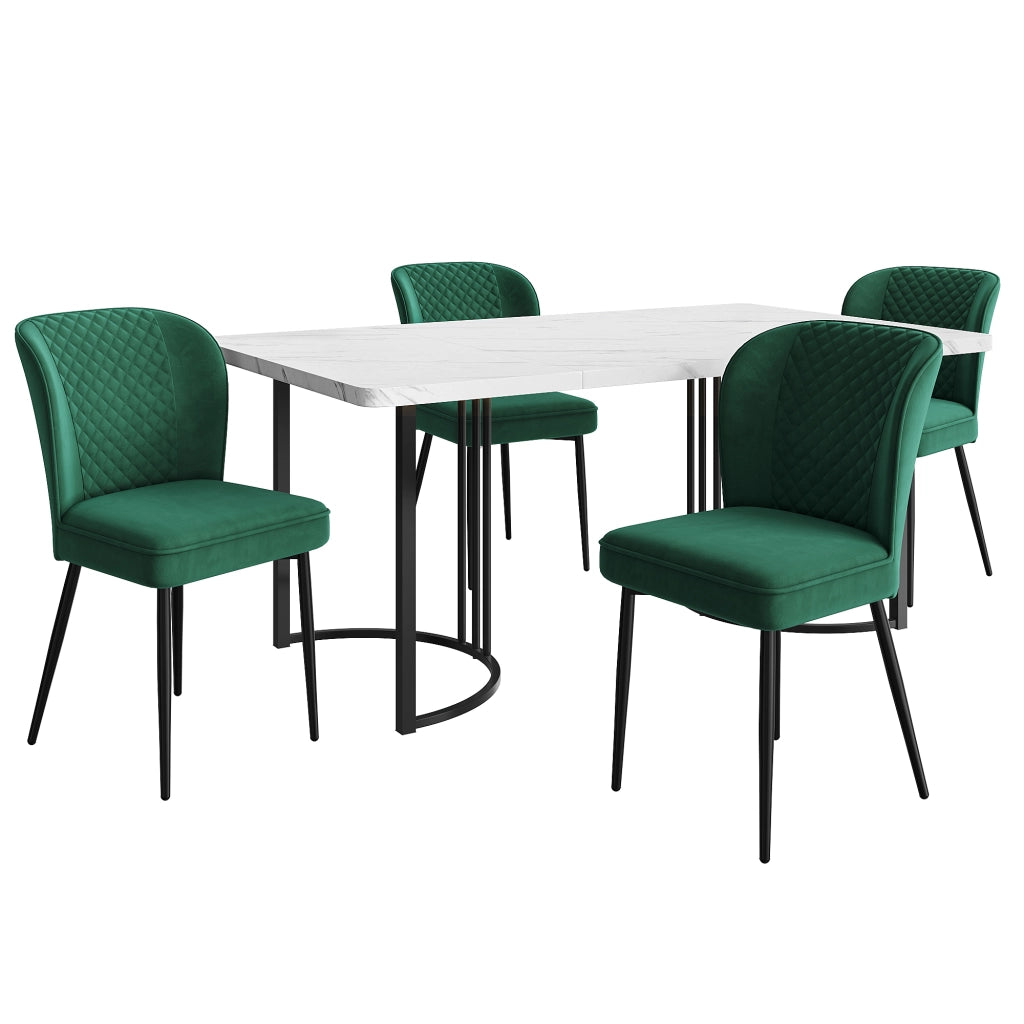 Set tavolo da pranzo con 4 sedie, schienale decorato, per cucina e sala da pranzo, in velluto e MDF, verde scuro