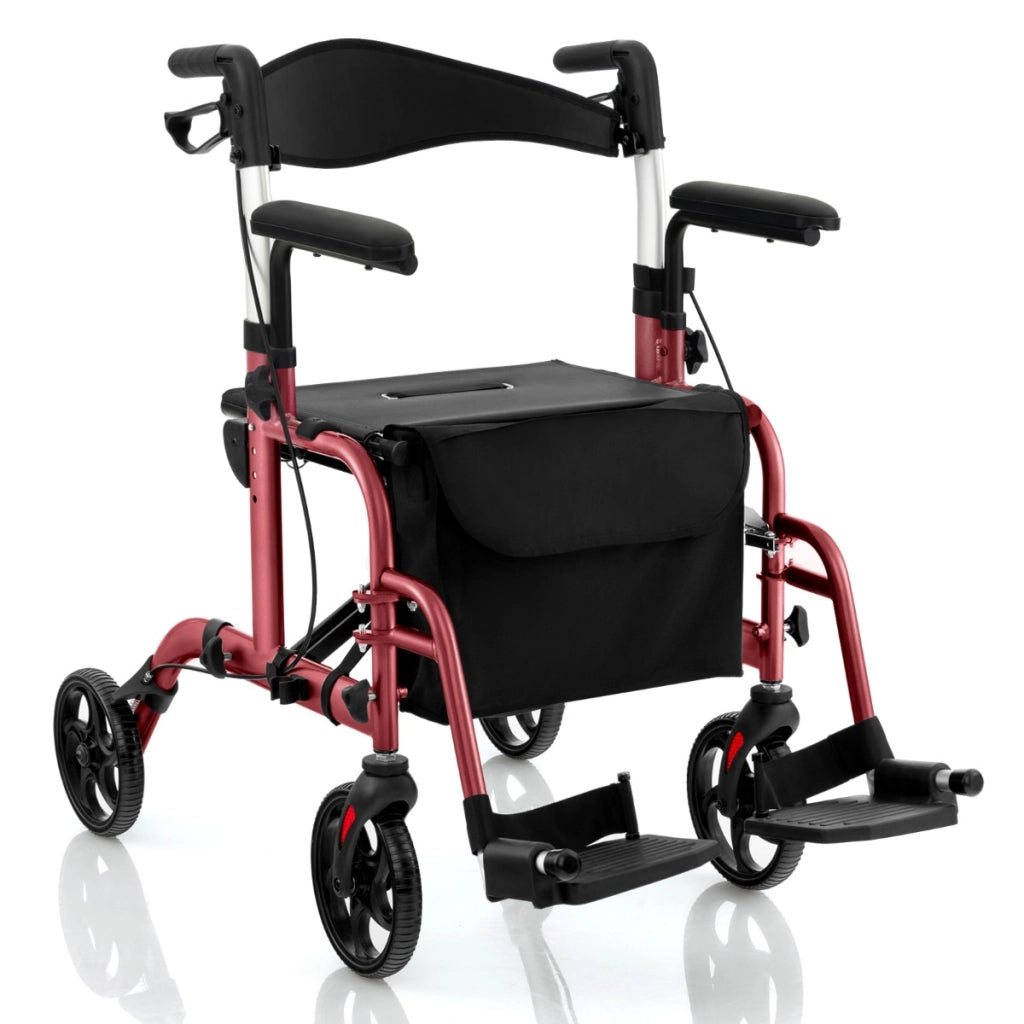 Deambulatore 2-in-1 con ausilio per camminare pieghevole e sedile grande-Deambulatore porta ombrello e borsa per persone con disabilit¨¤ Rosso