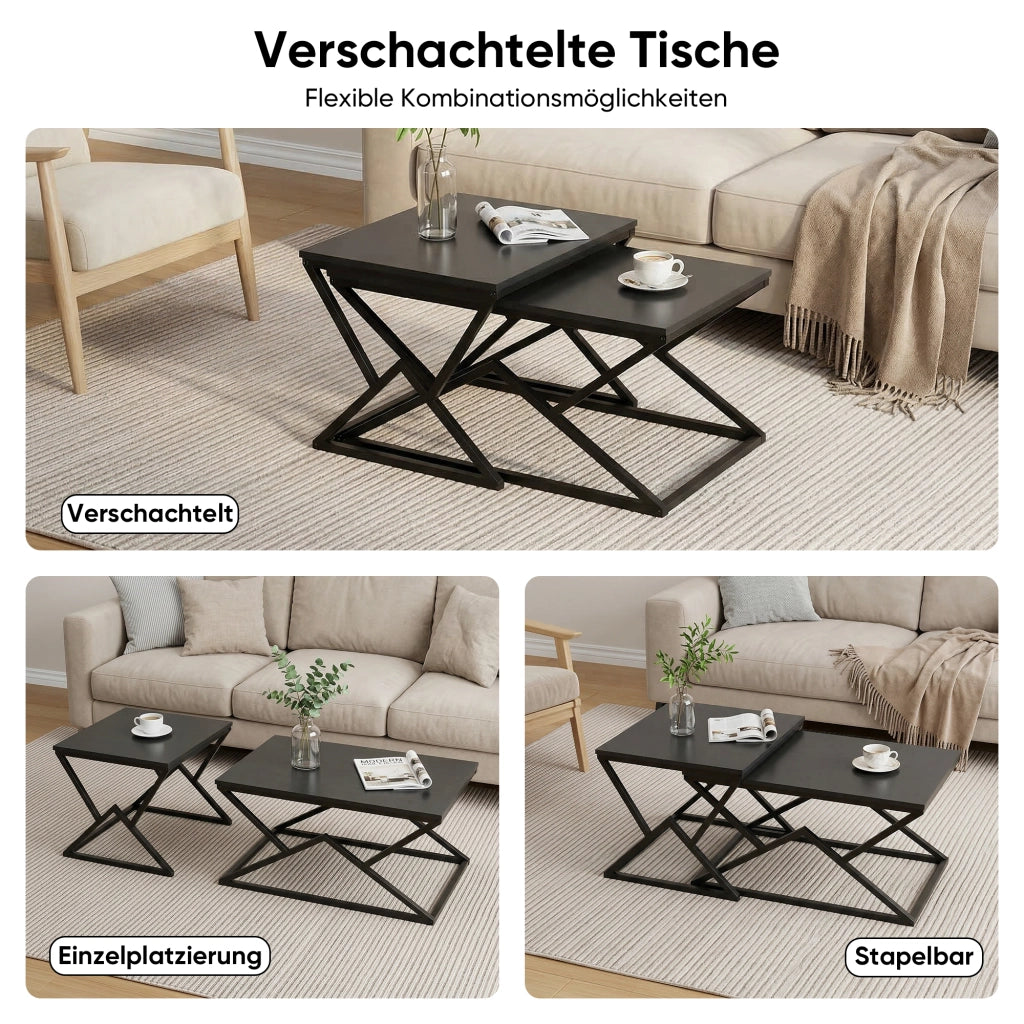 Tavolino basso geometrico in truciolare e metallo nero con ripiano a più livelli per soggiorno 80 × 50 × 40 cm