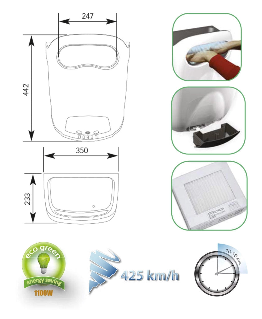 Asciugamani Elettrico con Fotocellula 1100W Vama Vision Air SF Pro Grigio