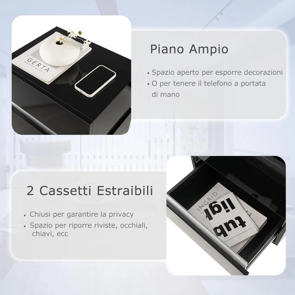 Tavolino a LED, Tavolino con Cassetto, Telecomando, 22 Modalità di Luce, 10 Velocità e 5 Luminosità, Comodino Moderno da Salotto e Camera da Letto (2, Nero)
