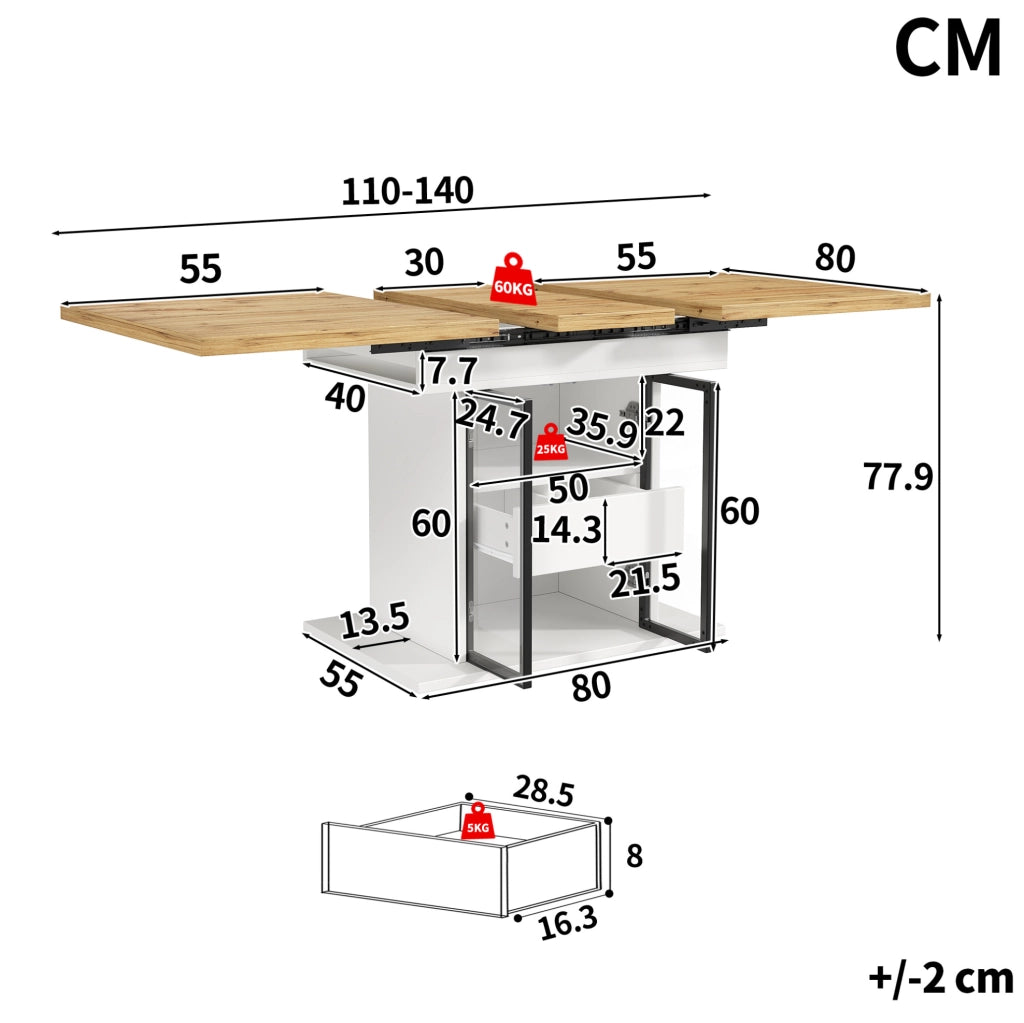 Tavolo da pranzo estensibile 110-140 cm con LED RGB bianco