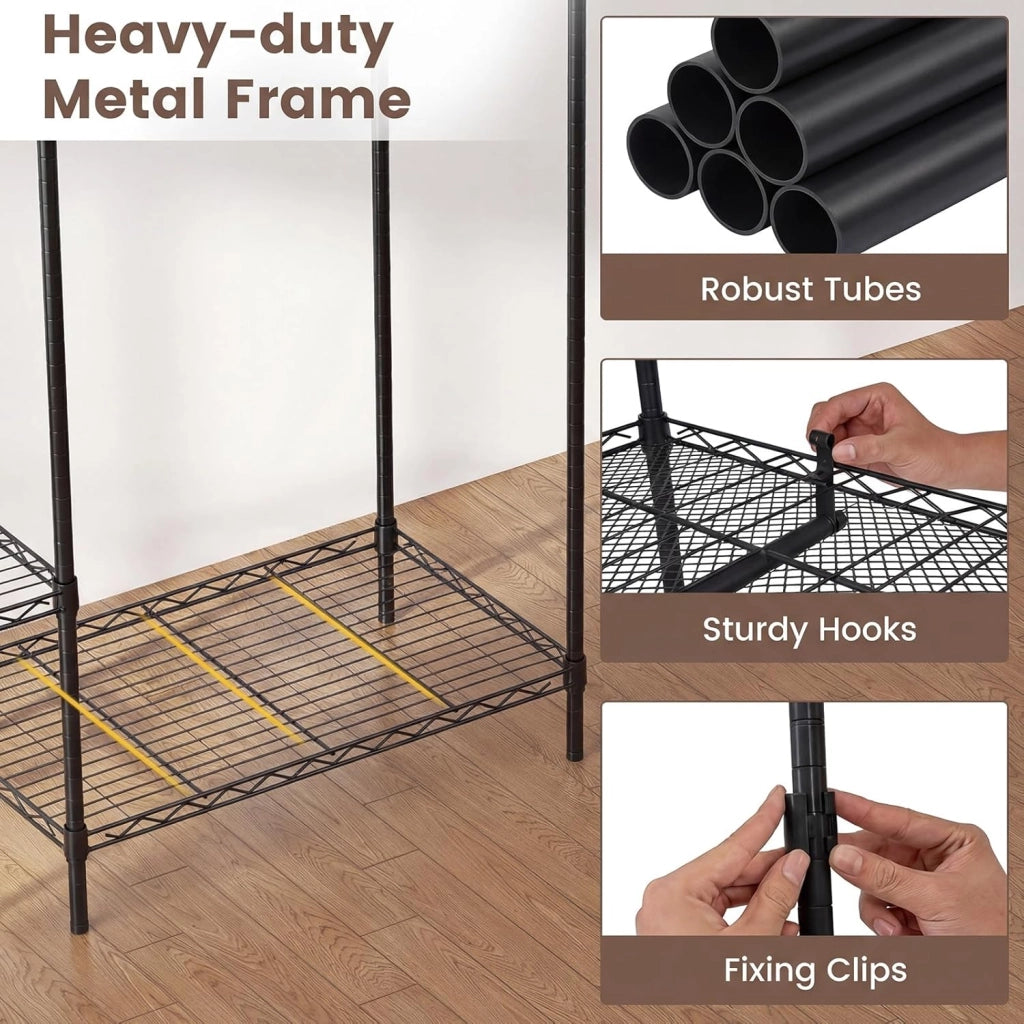 Appendiabiti asino convertibile, armadio per biancheria aperto con 7 ripiani regolabili e 4 aste per appendere, telaio in metallo, 188 x 46 x 198 cm, organizer per vestiti carico max. 530 kg
