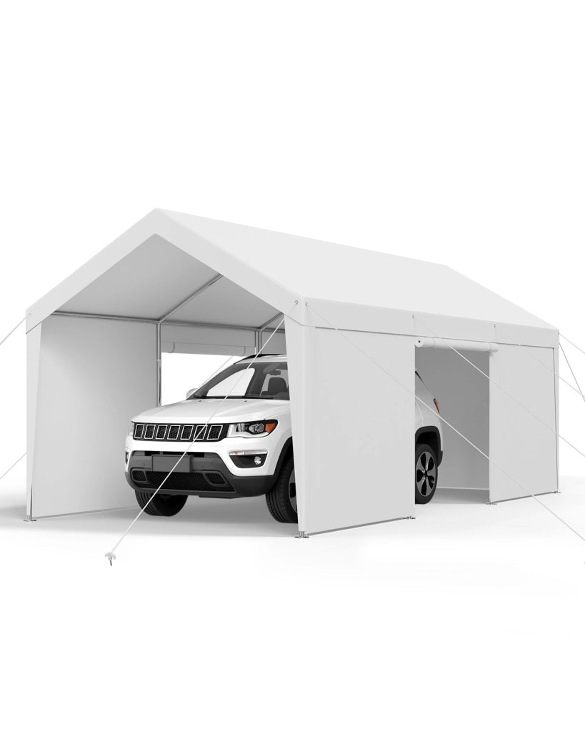 Tettoia Posto Auto Coperto da Esterno 3,65 x 6,09 x 3,02 m, Tendone Garage in Acciaio Zincato e PE, Robusto e Impermeabile, Bianco
