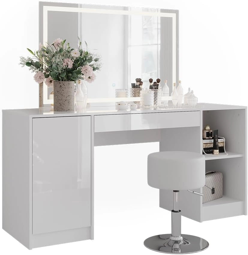 Tavolo da toeletta Sherry, Bianco/bianco lucido, 158.2 cm con specchio LED e sgabello
