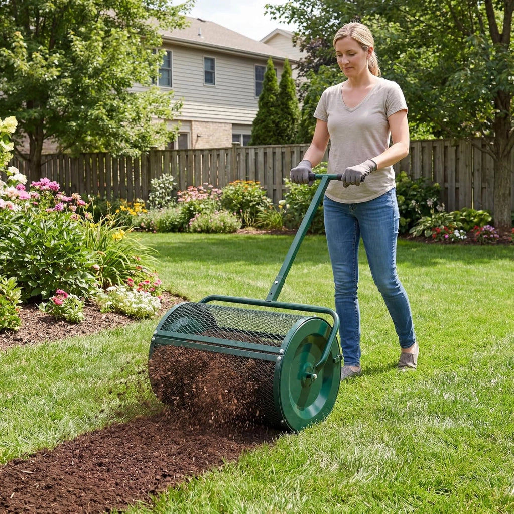 Spandiconcime a Rullo, Rullo da Giardino con Impugnatura Pratica Chiusure Laterali e Rete in Metallo per Concimazione e Semina, Spandiconcime per Prato e Giardino (40 x 61 cm Verde)