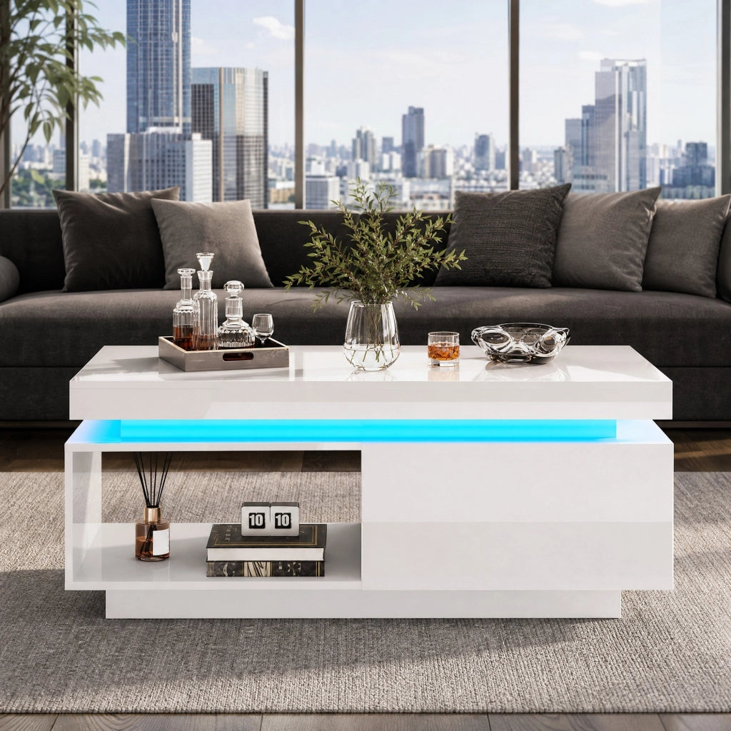 TAVOLINO DA CAFFÈ LED 100x50x40,3 cm Bianco Pannello di legno con cassetto