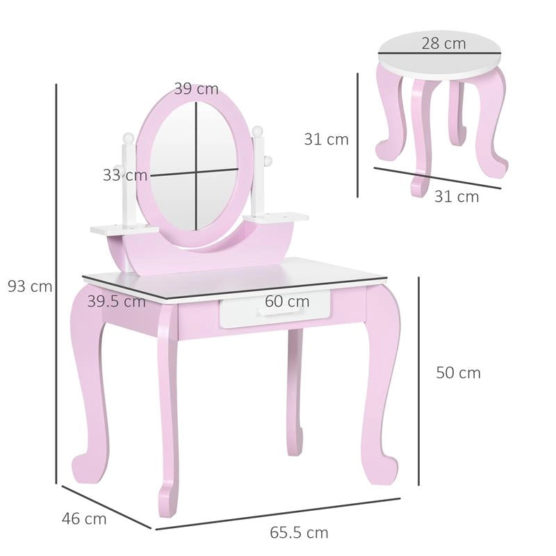 SET TOELETTA TRUCCO PER BAMBINI CON TAVOLINO CON SPECCHI E SGABELLO, ETÀ 3-6 ANNI, ROSA
