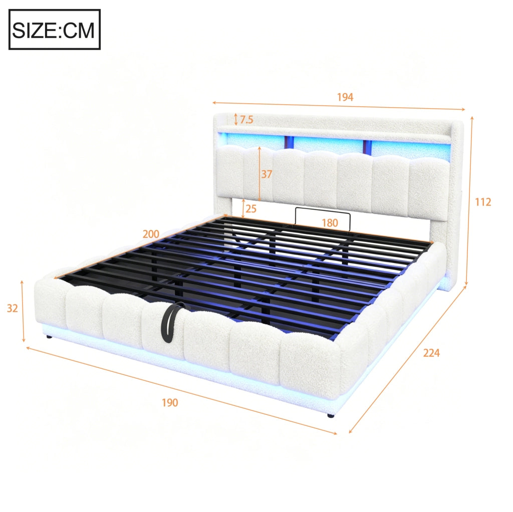 Letto imbottito 180x200 cm con contenitore, LED e USB, bianco