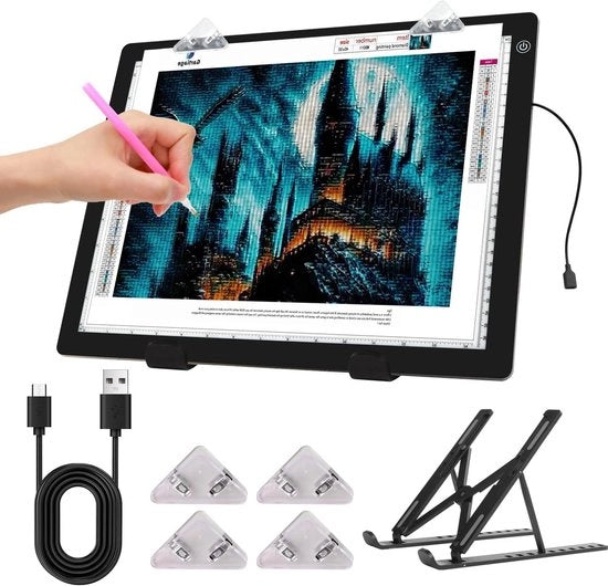 Tavolo di illuminazione A4 per accessori 5D Diamond Painting - Ultra Dun - 36 x 27 cm - Tavolo di illuminazione regolabile con supporto pieghevole - Clip - Diamantopittura - Disegno - Schizzi