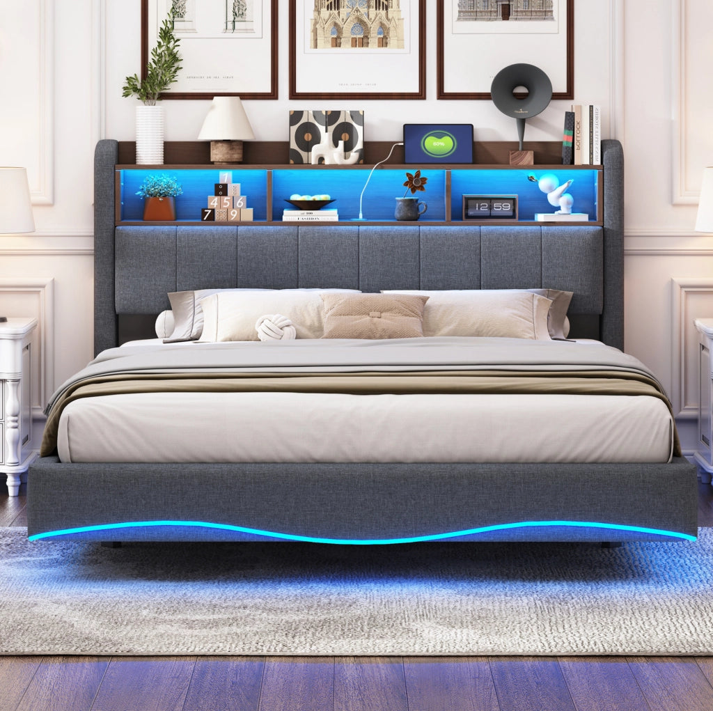 Letto imbottito sospeso 160x200 con LED, USB e porta Type-C, grigio