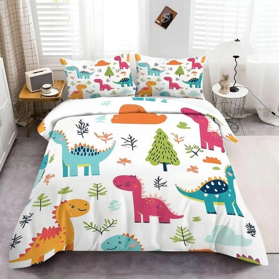 Set di tende da letto a 3 pezzi con stampa di dinosauro colorata per bambini e adulti.