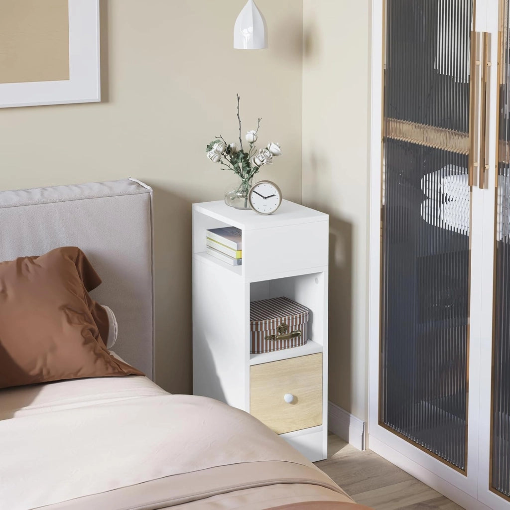 Set di 2 Comodino Stretto, Comodino con 2 Scomparti a Giorno e Cassetto, Tavolino da Notte 25x30x66cm, Mobile Salvaspazio per Camera da Letto, Soggiorno, in Truciolato, Rovere, 0011CTG-2-FL