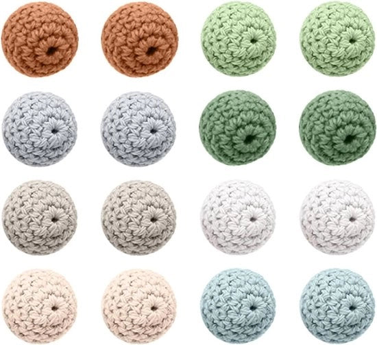 Set di 16 perle in legno multicolori - perle in filo di cotone perforate - palline in legno a forma rotonda - manufatti a mano - accessori per giocattoli per bambini - set per DIY per pendenti e artefatti per giocattoli