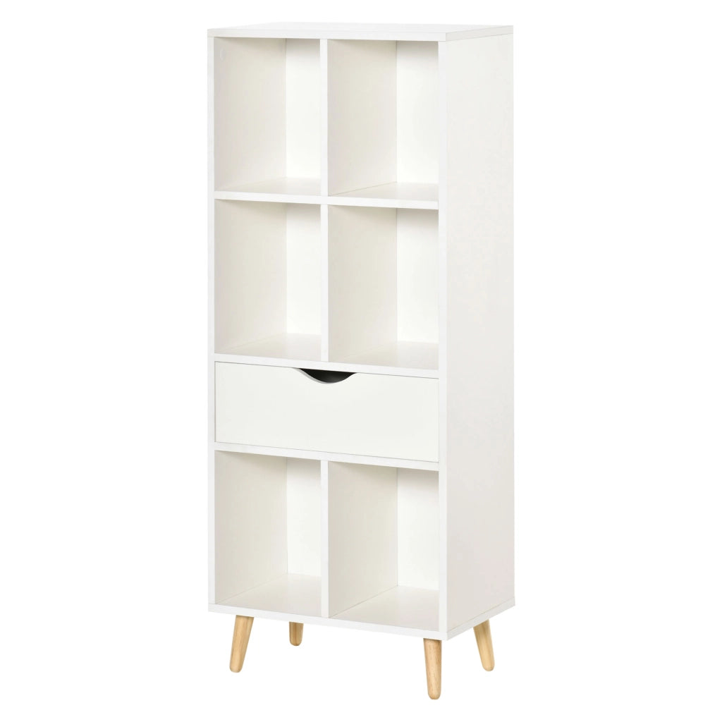Libreria con cassetto e gambe in legno 6 scomparti aperti ¨C zephmum ¨C 50x29.5x120 cm bianco