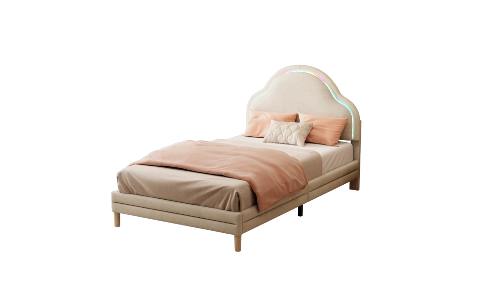 Letto singolo imbottito beige con LED, 90x200 cm