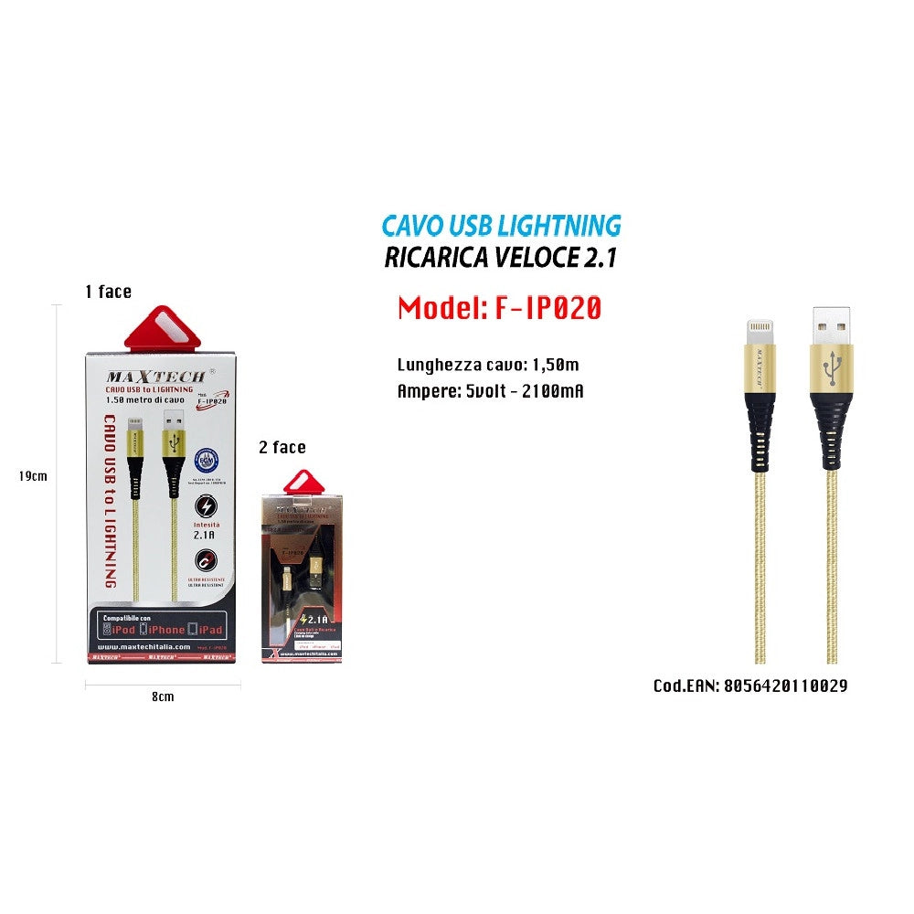 Trade Shop - Cavo Usb 1,5mt Caricabatteria Usb 2.1 Lightning Iphone Ipad Ipod Maxtech F-ip020 -
