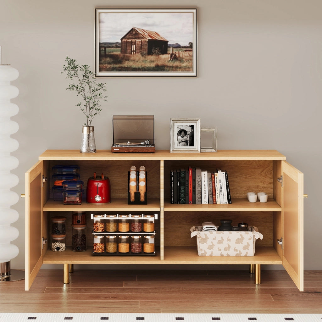 Mobile contenitore a 2 ante con ante in rattan intrecciato, struttura in MDF e piedini in metallo, finitura naturale 120×40×63 cm