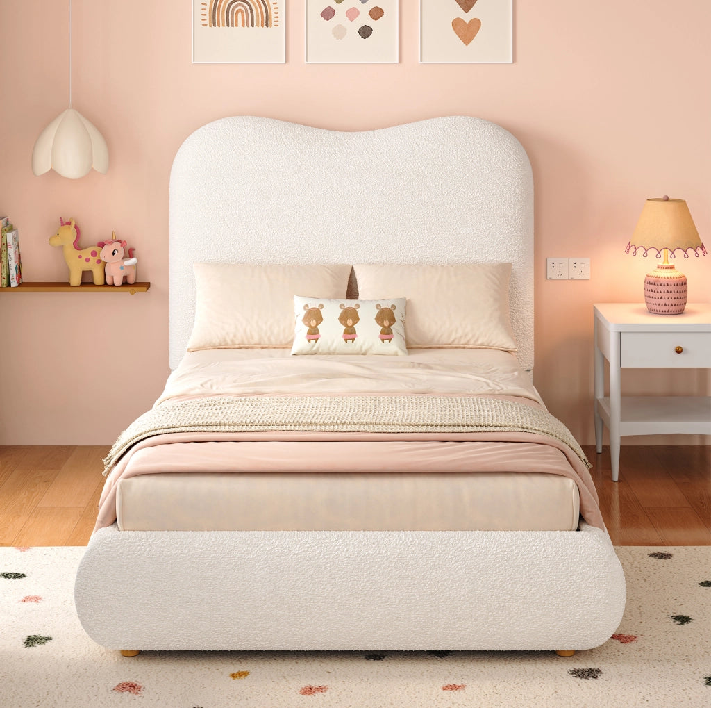 Letto per bambini imbottito con vano contenitore e rete a doghe; tessuto bouclé beige