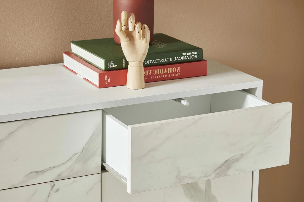 Credenza 3 ante/3 cassetti VELBRUK bianco pietra/marmo calacatta