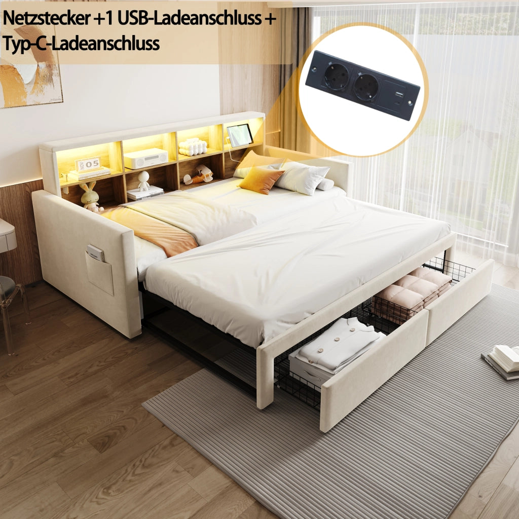 OKWISH Letto Divano, Letto Singolo con Estensione Estraibile, 2 Cassetti, LED, USB e Tipo C, 90 x 190 cm, senza Materasso