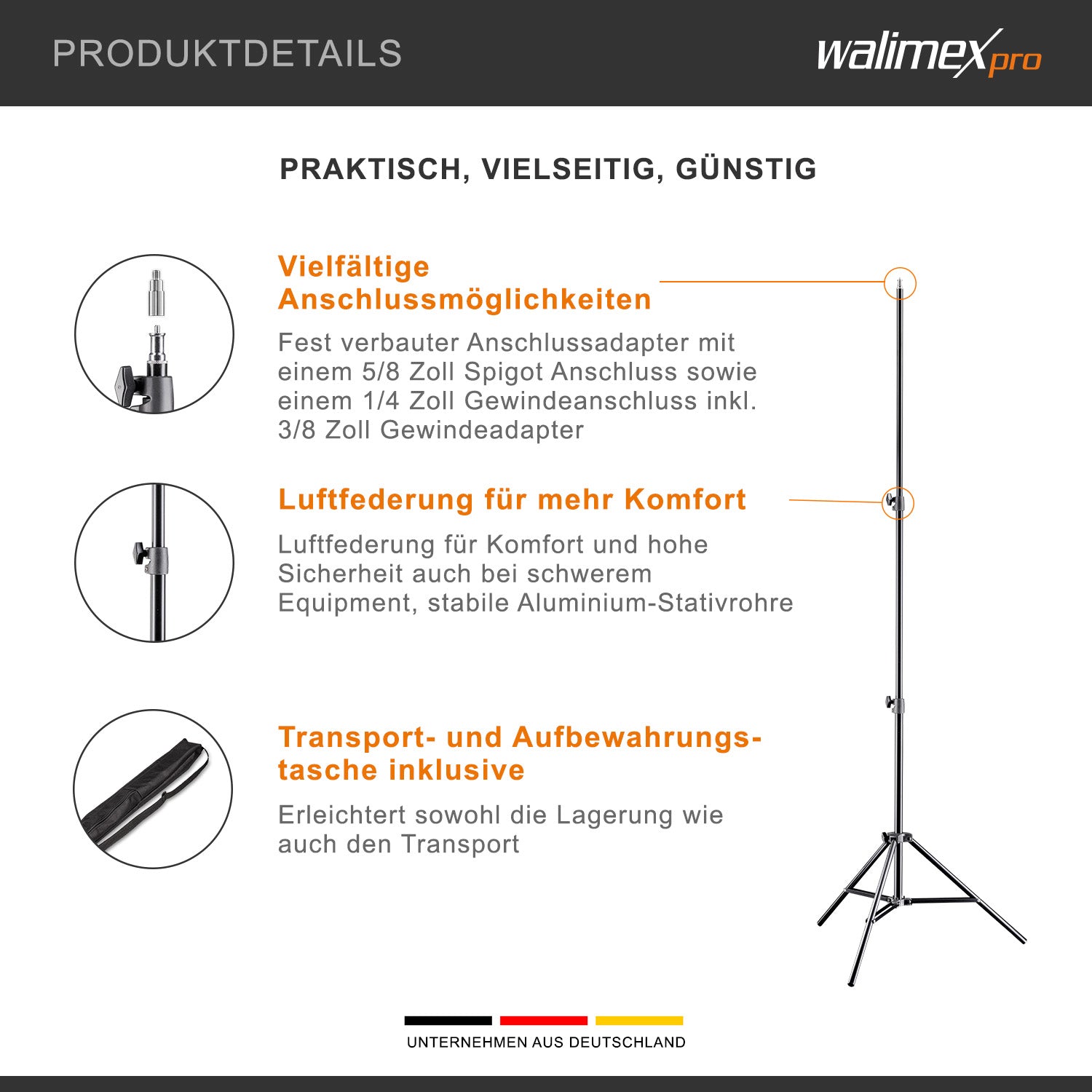AIR 200 Stativo per luci regolabile in altezza fino a 200 cm, max 4,5 kg, Cavalletto fotografico in alluminio per foto e video, con borsa