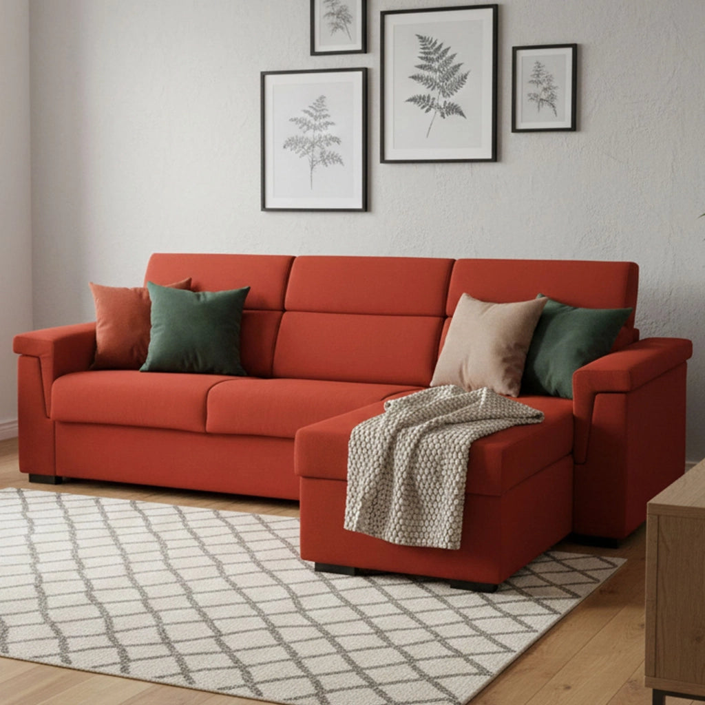 Esca, Divano Letto con Penisola Sfoderabile Made in Italy, 285x160 cm Arancione