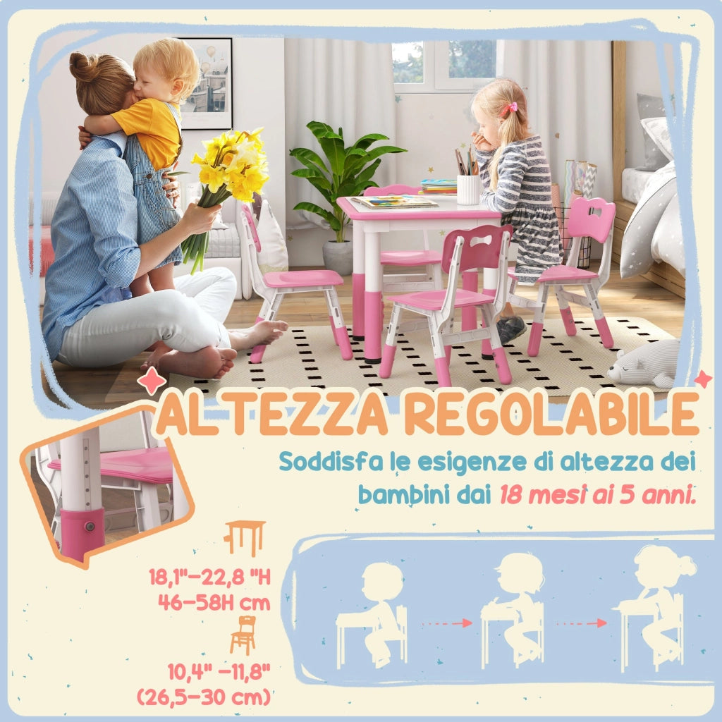 Set Tavolo con 4 Sedie per Bambini Altezza Regolabile Rosa