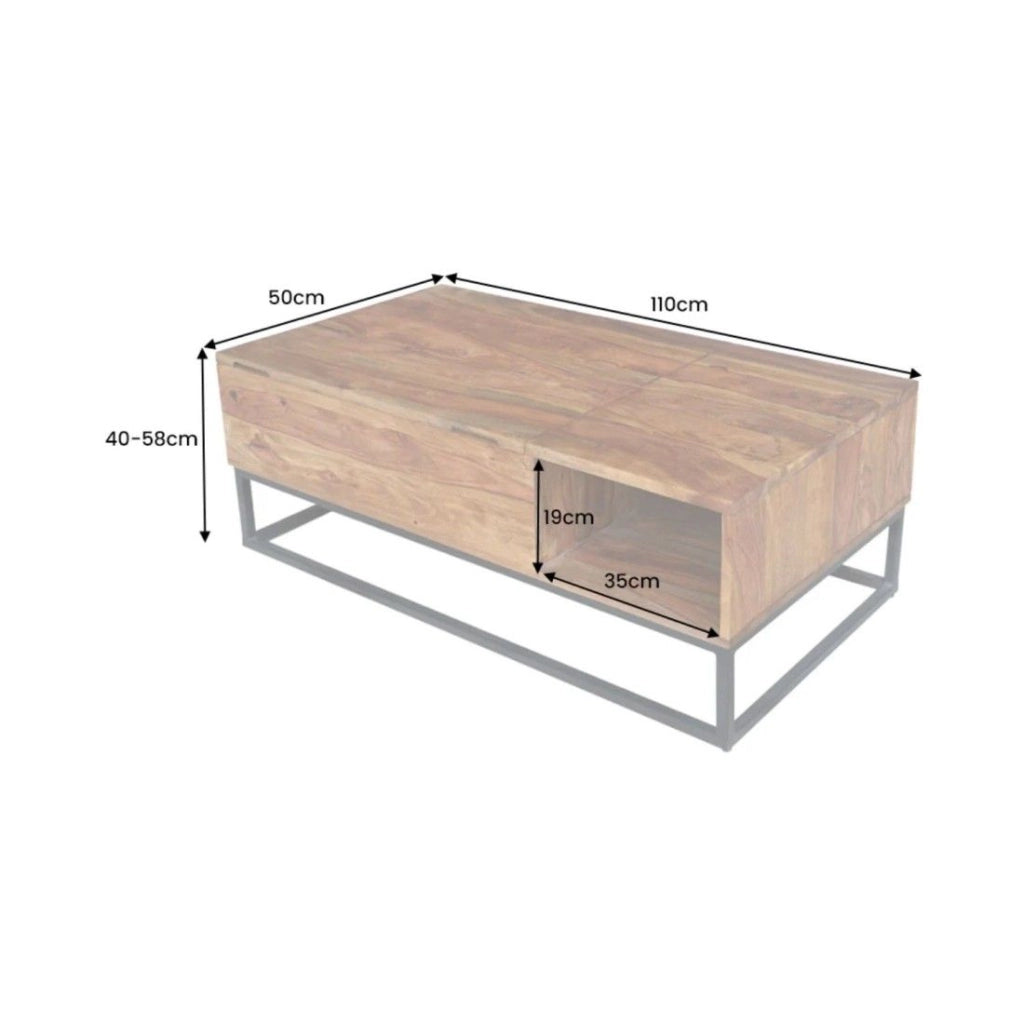Tavolino basso ORBO in legno massiccio 110 cm – Piano sollevabile e contenitori integrati