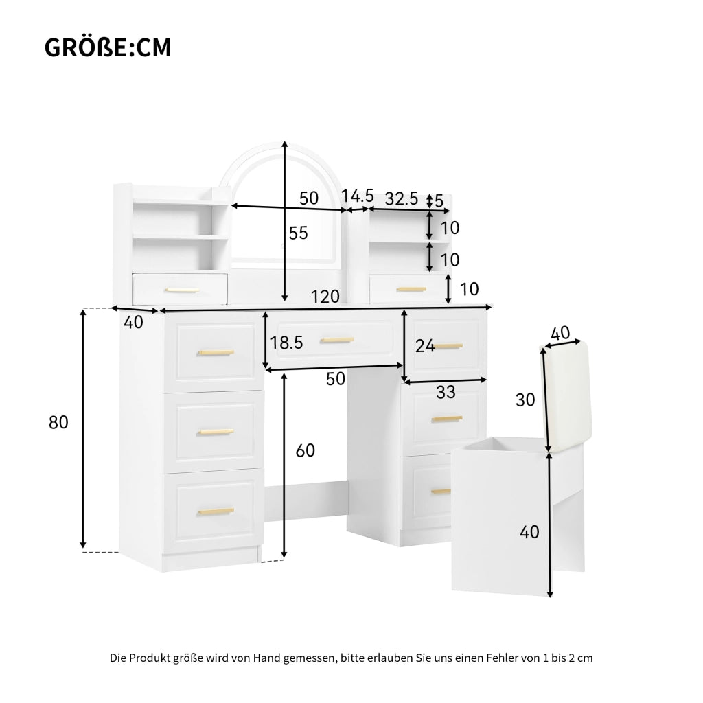 Tavolo da Trucco con Specchio e LED ¨C MINIMAL ¨C 9 Cassetti, Bianco, 120x40x135 cm