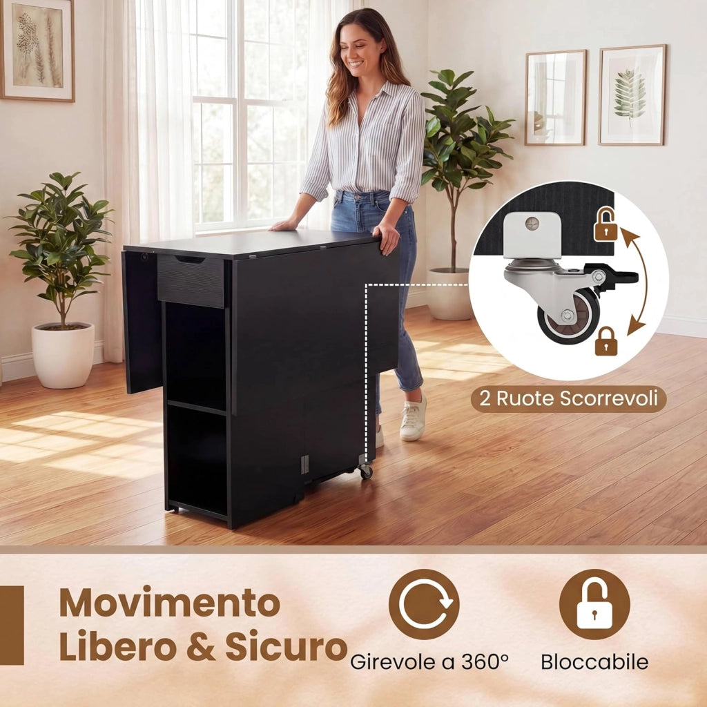 Tavolo da Pranzo Pieghevole, Tavolo Salvaspazio per 4-6 Persone con 2 Ripiani, Cassetto e Ruote a Freno, Tavolino Cucina per Cucina, Soggiorno e Ufficio, 120 x 72 x 75 cm (Nero)