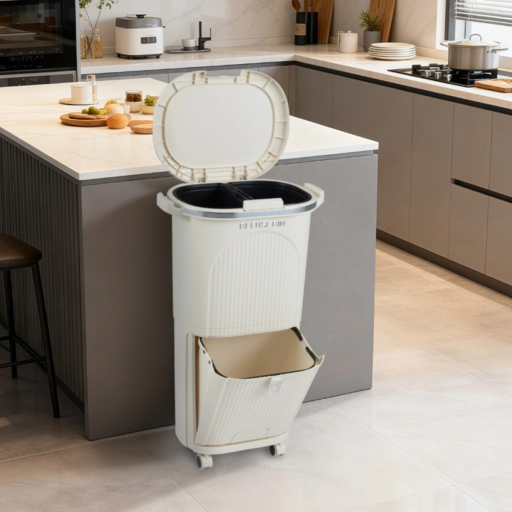 Pattumiera 38l cucina coperchio bidone 2 secchi rimovibili, Pattumiera pedale pratica passo e ruote resistenti Beige-Organizzazione della cucina