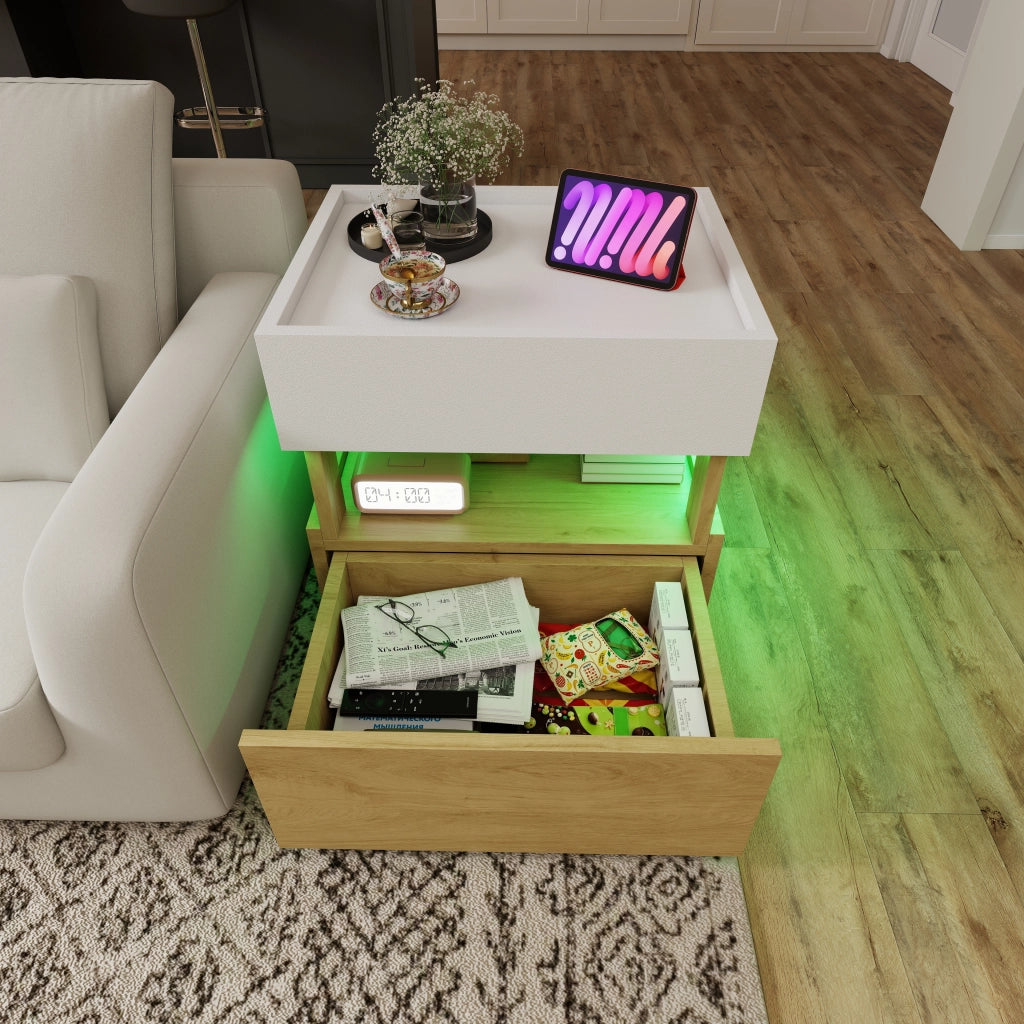 Comodino con 2 cassetti e LED - per camera da letto - 50×40×50 cm - bianco naturale