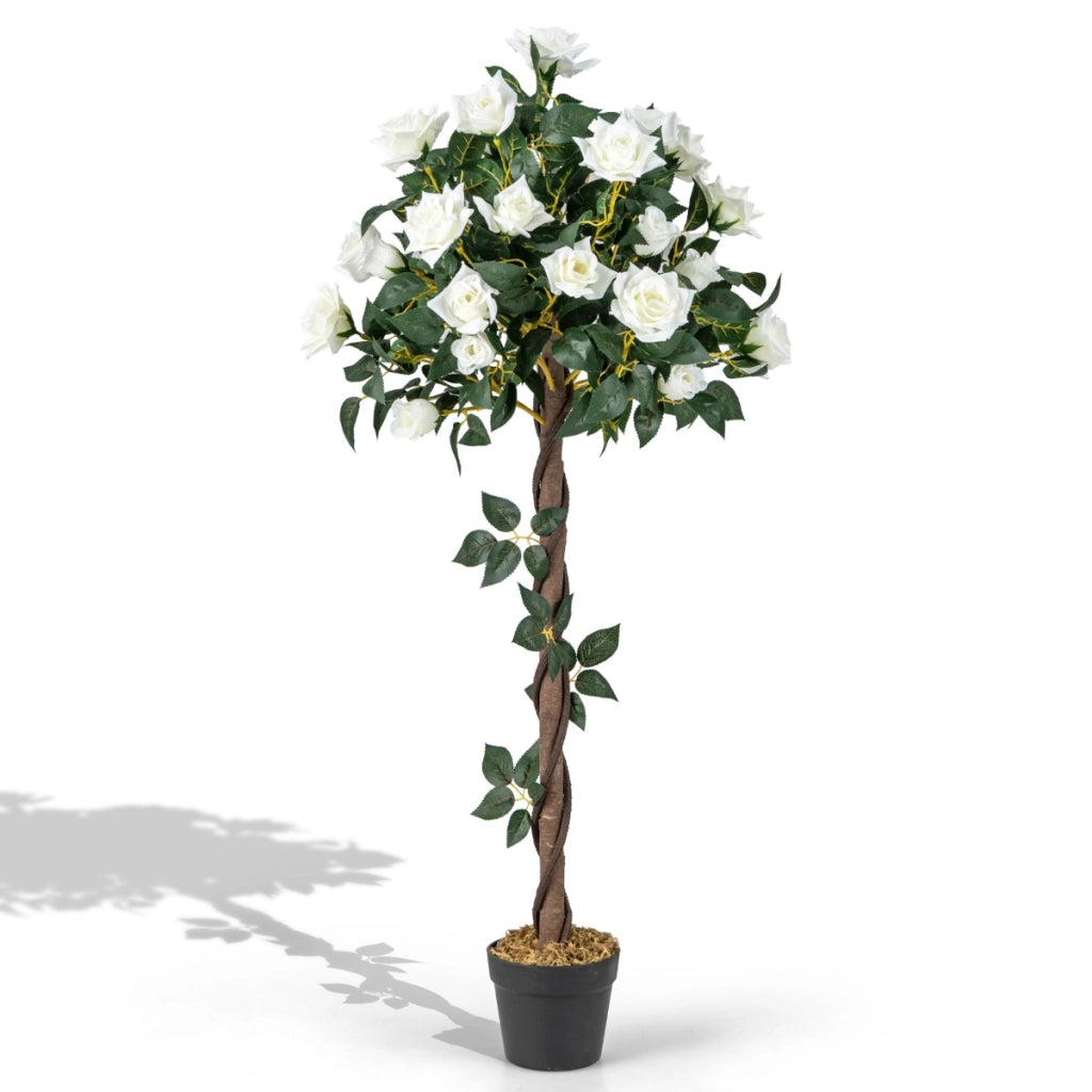 Pianta floreale finta di 120 cm con rose bianche vaso da vivaio in vaso per interni, Albero di fiori artificiali decorazione interna Verde