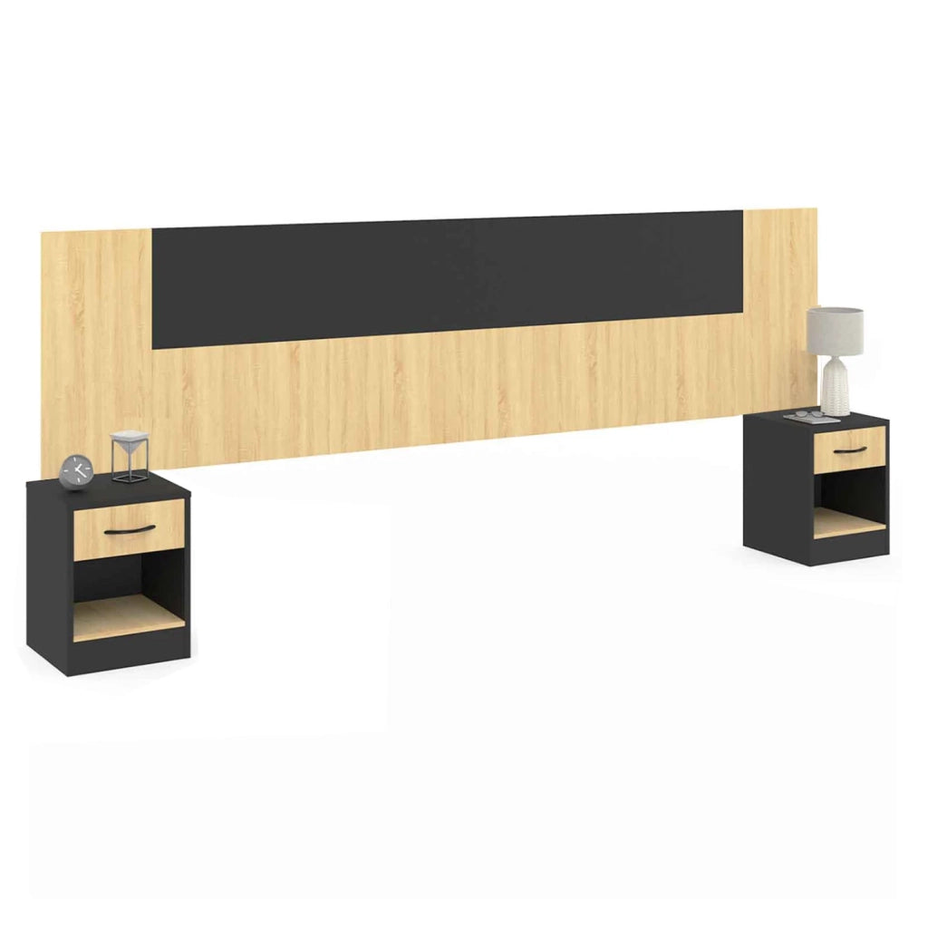 IDMarket - Cabecero SAPA para camas de 140 y 160 cm con mesillas negras y efecto madera