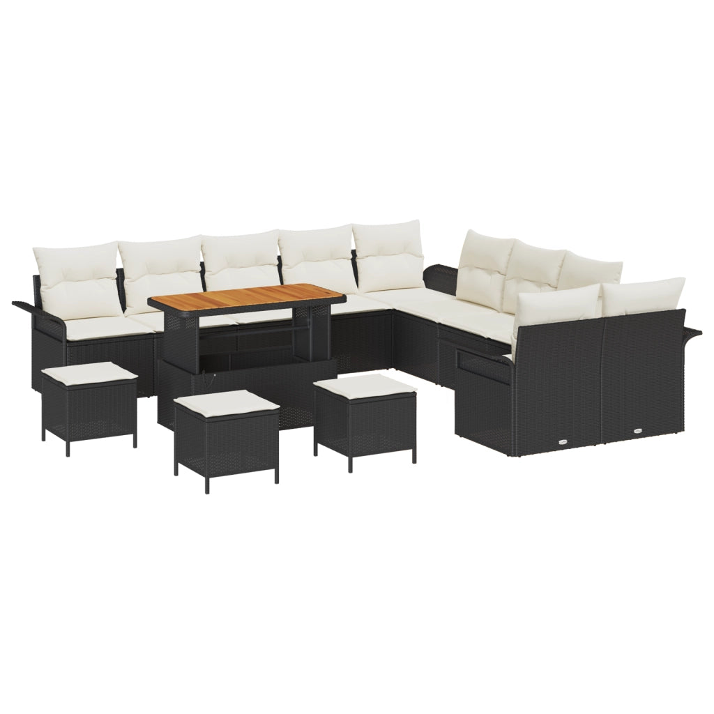 Set di 14 pezzi di divano da giardino con cuscini neri Polyrattan Acacia