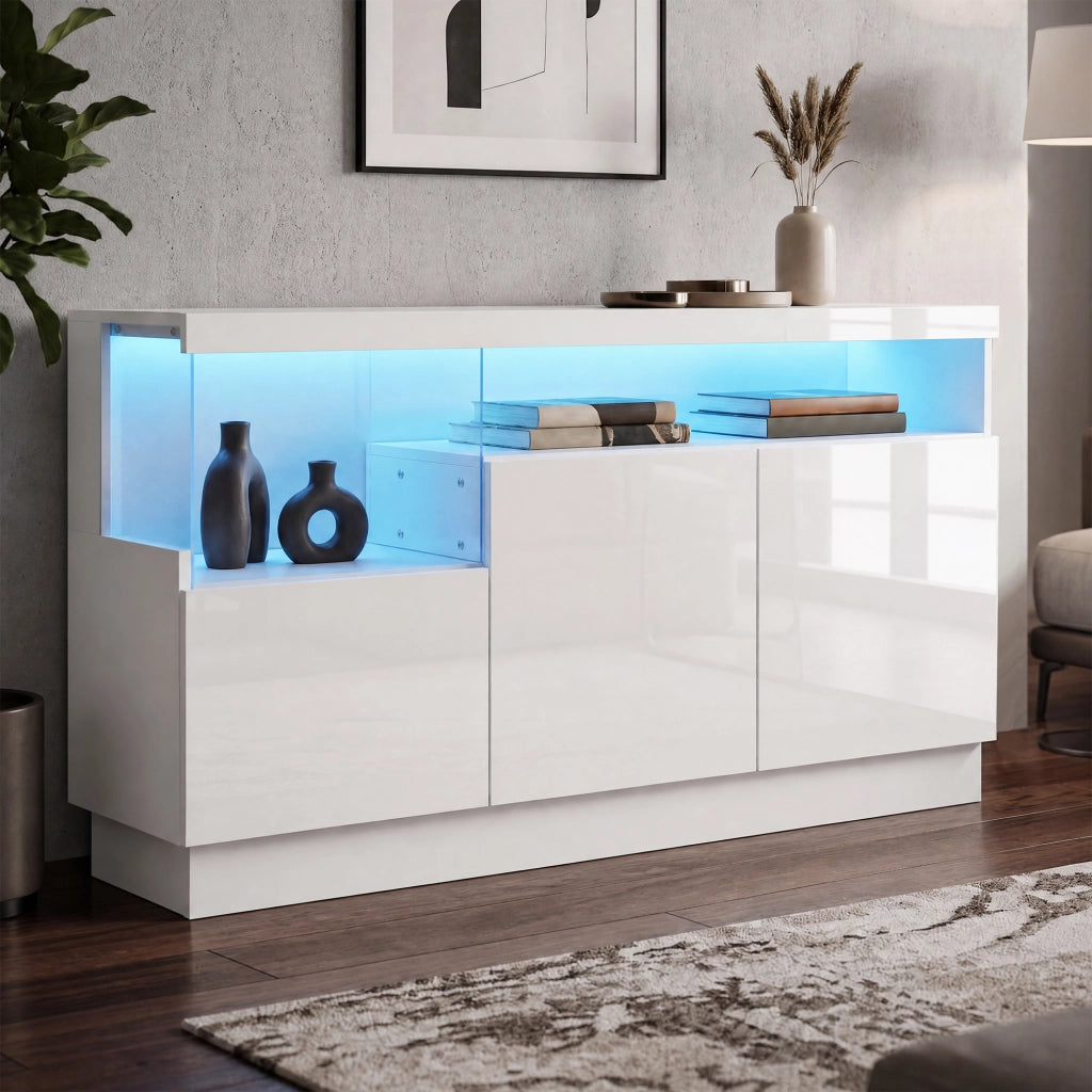 Credenza moderna con ante lucide, vano display in acrilico e LED controllati da app, bianca 140 × 36 × 80 cm