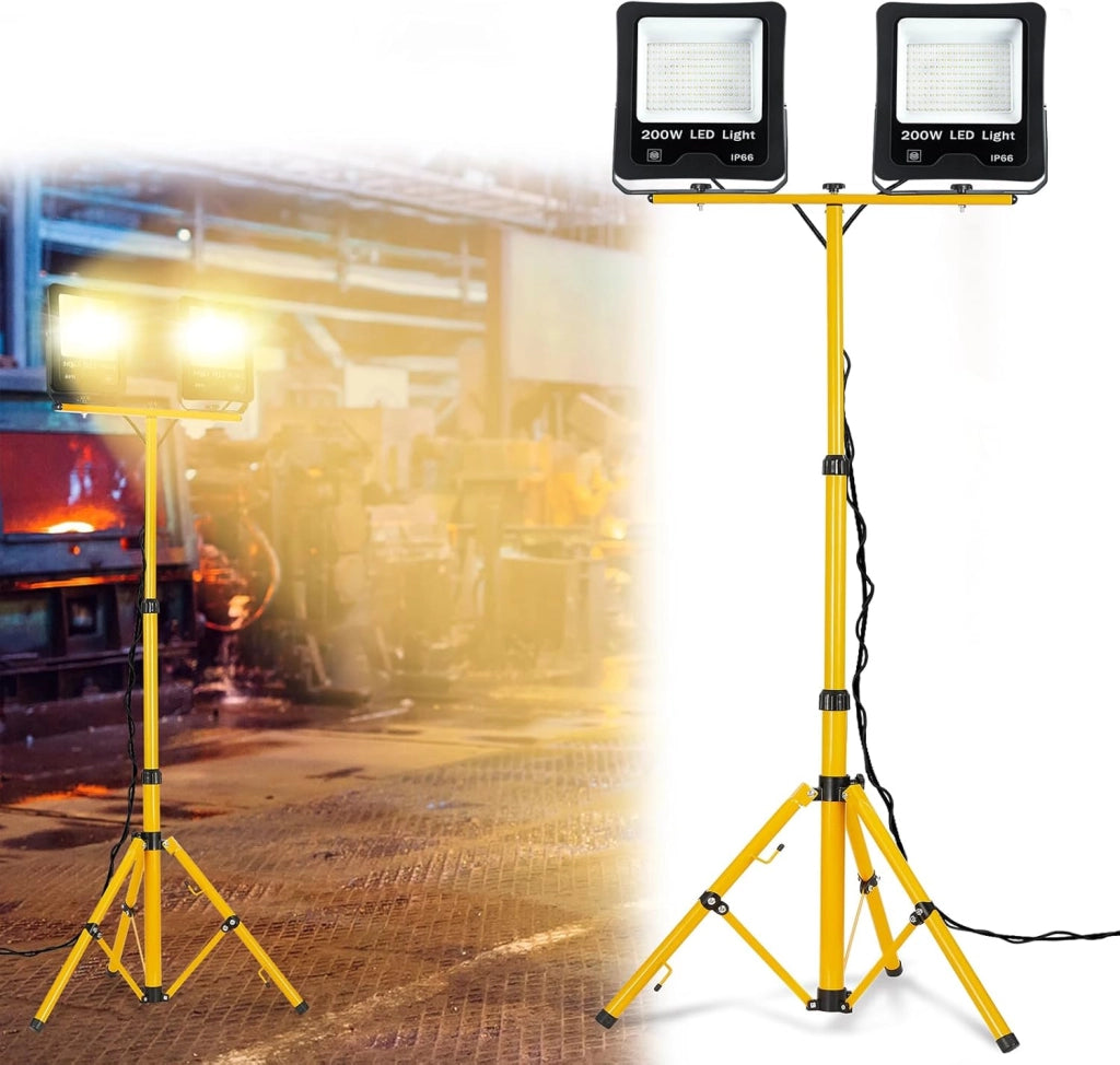 Faretto da costruzione, 2 x 200 W, 16000 lm, con treppiede regolabile e cavo da 3 m, impermeabile, IP66, per garage, officina, cantiere, bianco freddo